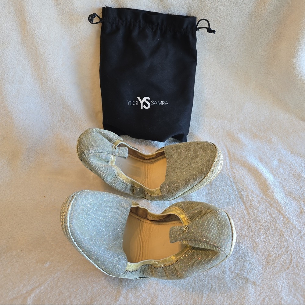 Yosi Samra Liv Foldable Ballet Flats-Gold Glitter- Women's Size 10 W/duster Bag